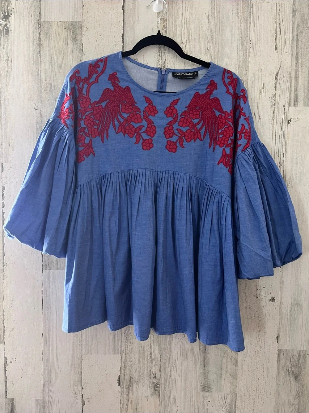 HEMANT & NANDITA Blue Tunic with Red Embroidery Small